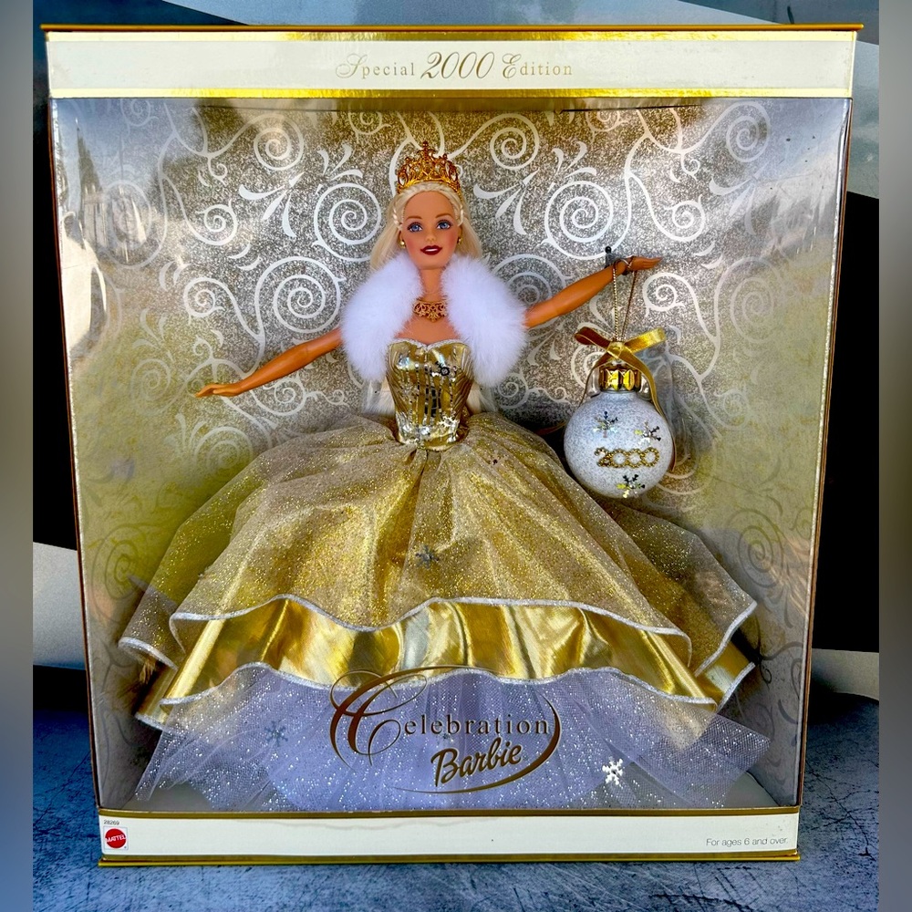 Collectible 2000 Edition Barbie Celebration Doll in Gold and White
